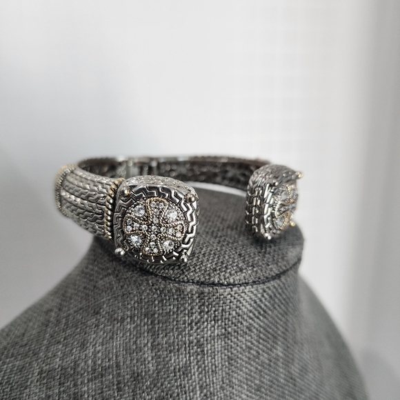 Hinged Silver Tone Metal Bracelet – Crystal Accent Ends, Ornate Design - Picture 1 of 7